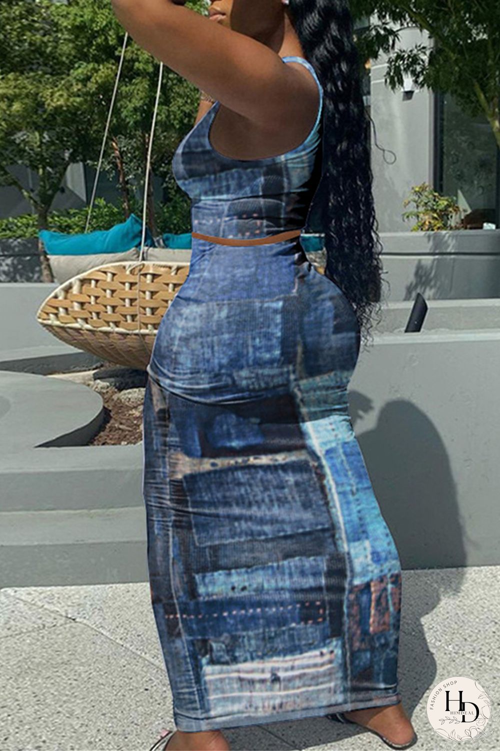 Blue Sexy Casual Print Vests U Neck Sleeveless Two Pieces