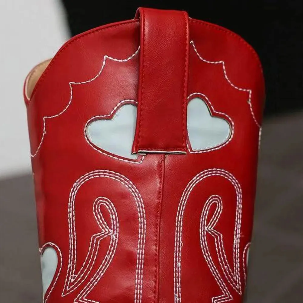 Red Faux Leather Embroidered Western Boots for Women with Heart Inlay