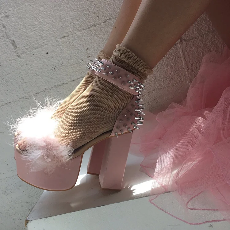 Pink Open Toe Platform Heels Rivets Ankle Strap Chunky Heel Sandals |FSJ Shoes
