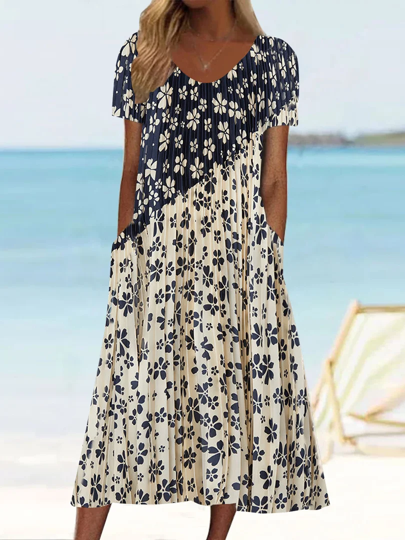 Women's White Scoop Neck Half Sleeve Graphic Floral Printed Pockets Midi Dress