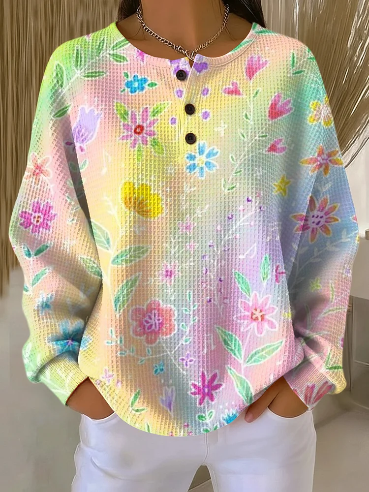 Women's Beautiful Colorful Floral Painting Art Print Casual Cotton Shirt