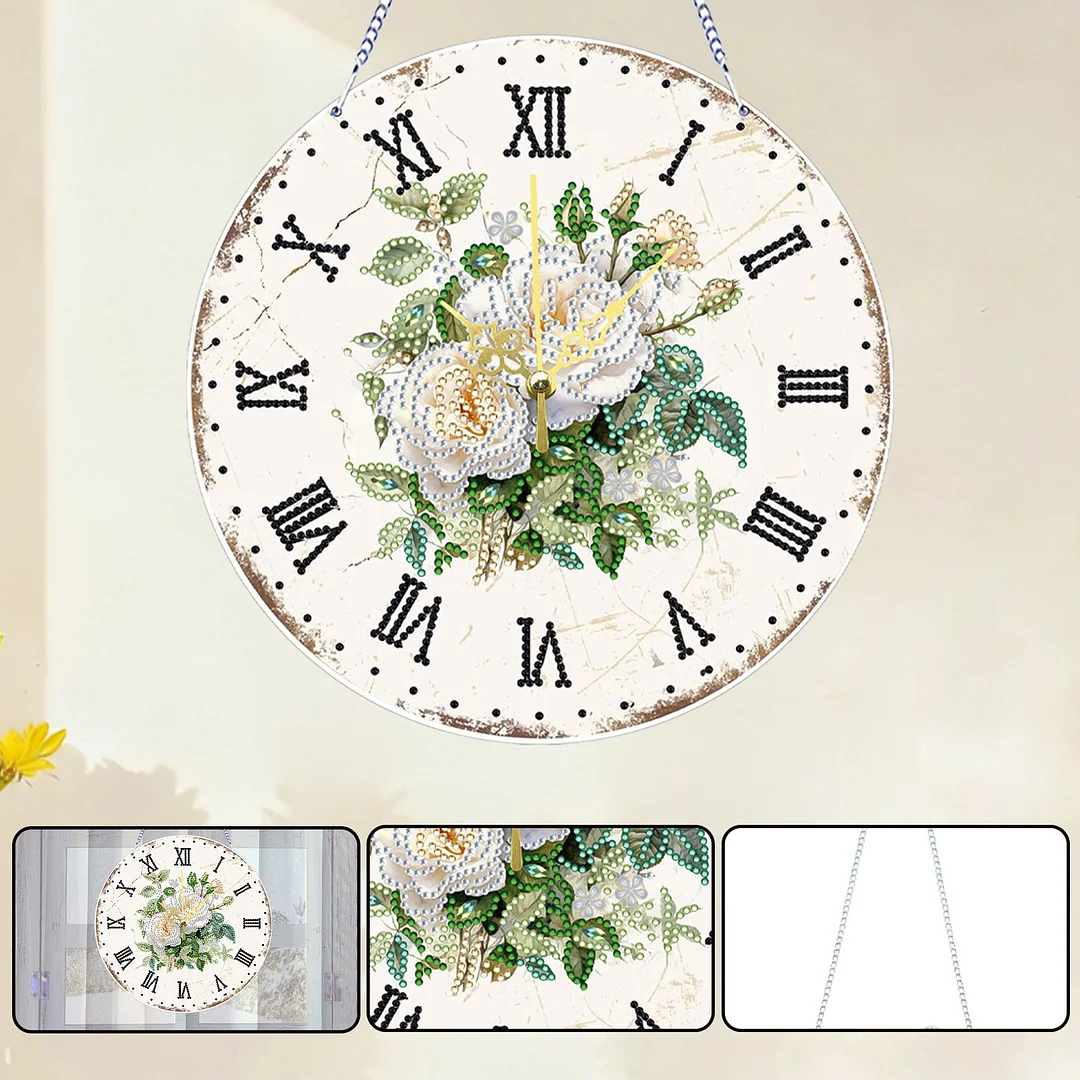 2D DIY Acrylic White Flower Diamond Painting Wall Clock Pendant w/Clock Function