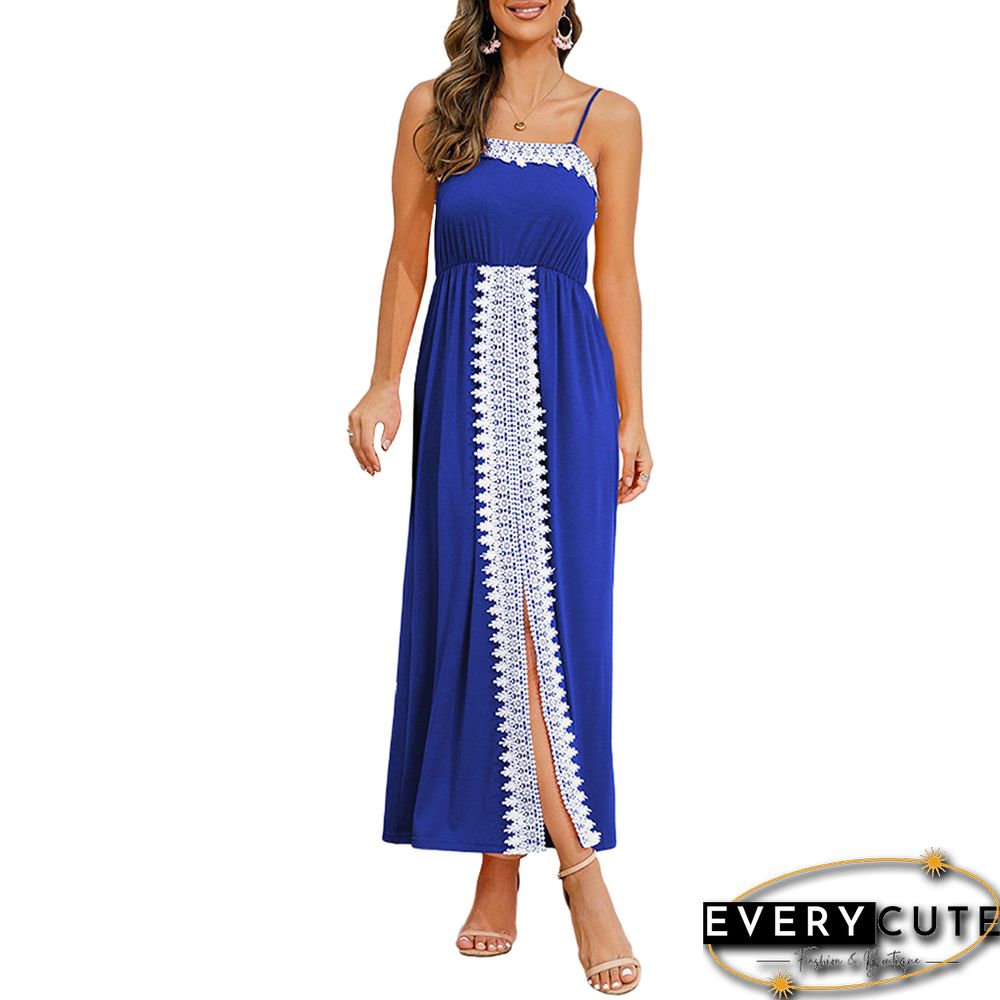 Blue Spliced Lace Trim Spaghetti Straps Dress