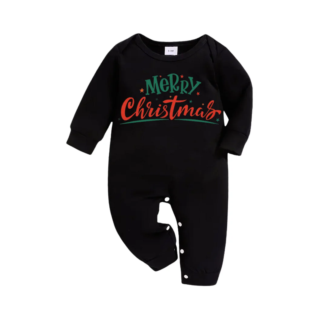 "Merry Christmas" Surrounded By Stars - Black Top with Red & Green Plaid Pants Family Matching Pajama