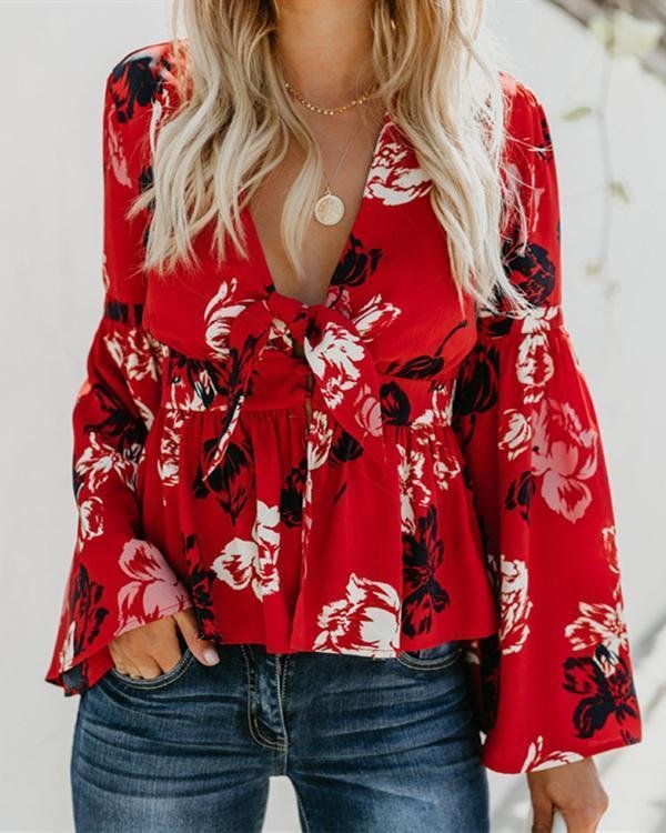 Women V-neck Trumpet Sleeve Printed Chiffon Blouses Tops