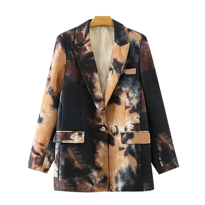 TRAF Women Fashion Single Button Graffiti Print Blazer Coat Vintage Long Sleeve Pockets Female Outerwear Chic Tops