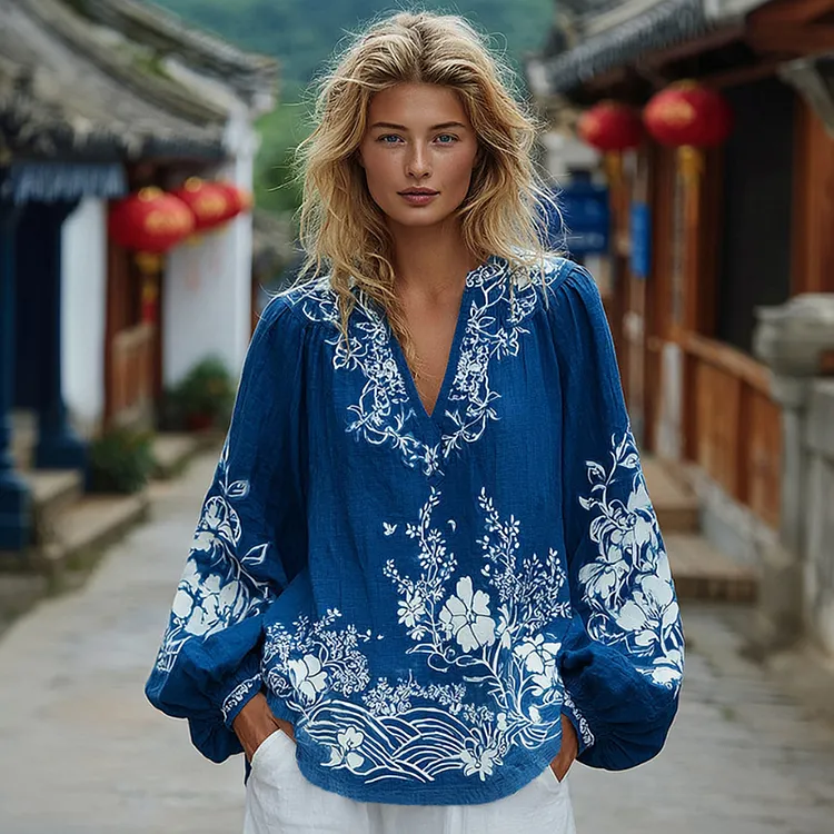 Women's Floral Pattern Linen V-neck T-shirt