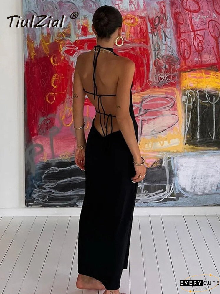 Black Halter Backless Midi Dress Summer Tie Up Beach Holiday Sexy Dress Club Party