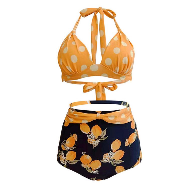 Polka Dots Floral Print Lace Up Bikini Swimsuit - Modakawa modakawa