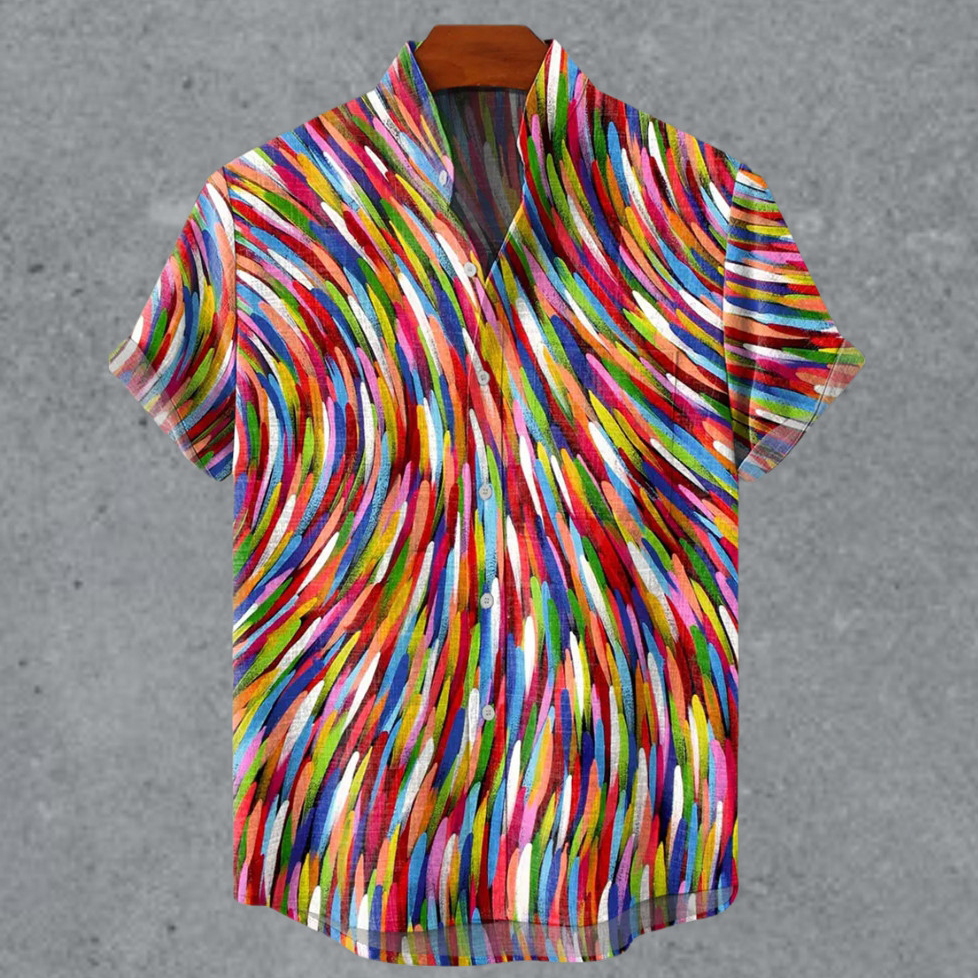 Men's Retro Oil Painting Style Art Pattern Printed Linen Blend Casual Short-sleeve Shirt  artssus