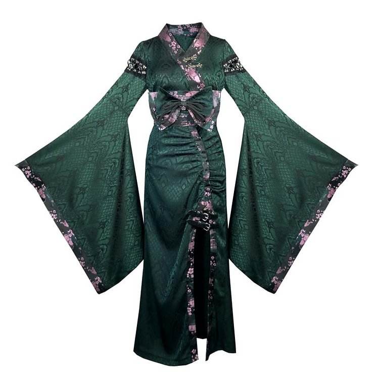 Vintage Blossom Embroidery Bow Knot Kimono Three Pieces Set - Modakawa modakawa
