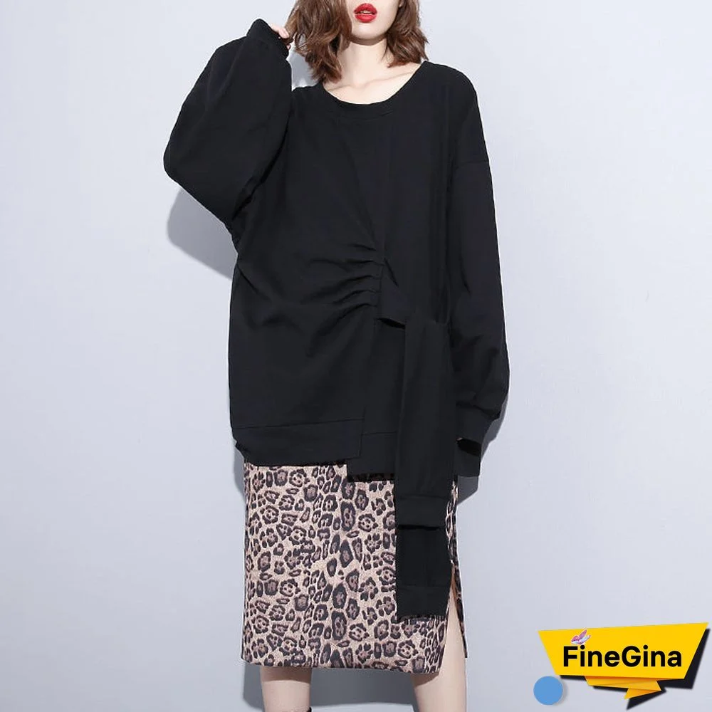 boutique black t shirt plus size clothing O neck Cinched t shirts New tie waist asymmetrical natural pullover