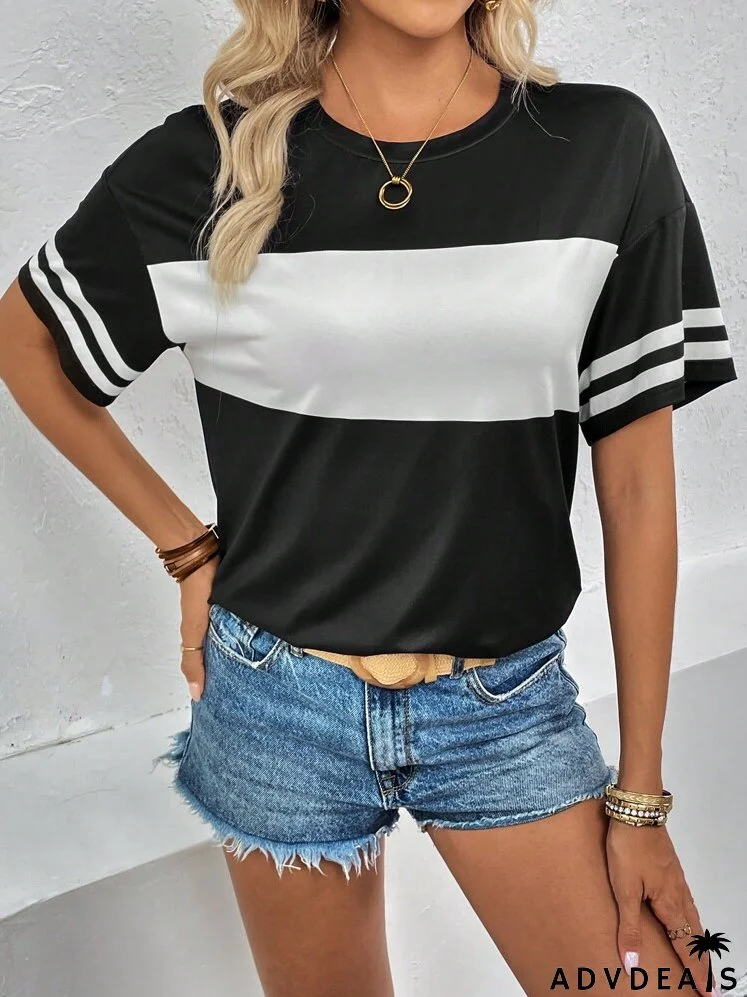 Colorblock Striped Print Drop Shoulder Tee