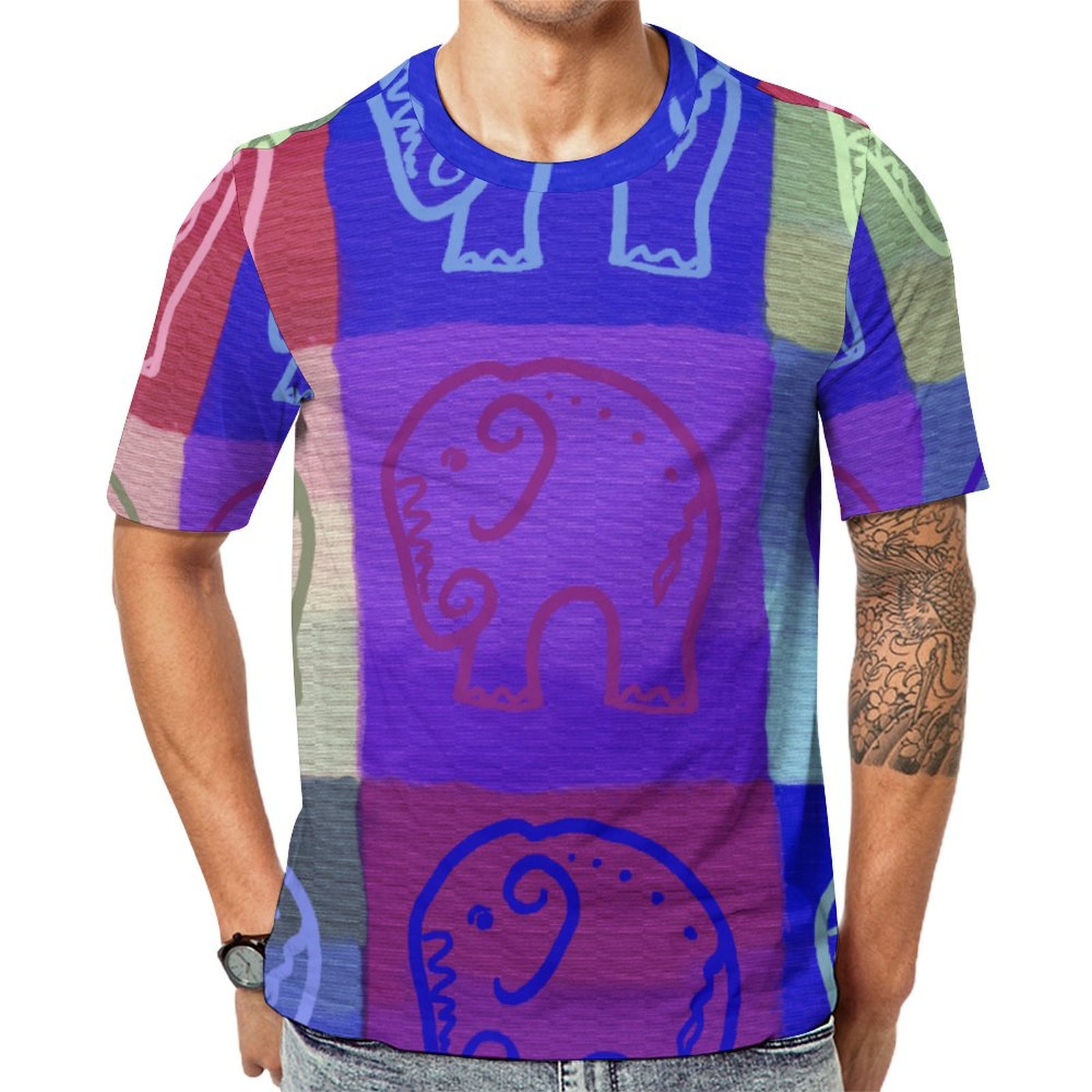 Happy Rainbow Colors Tribal Elephant Short Sleeve Print Unisex Tshirt Summer Casual Tees for Men and Women Coolcoshirts