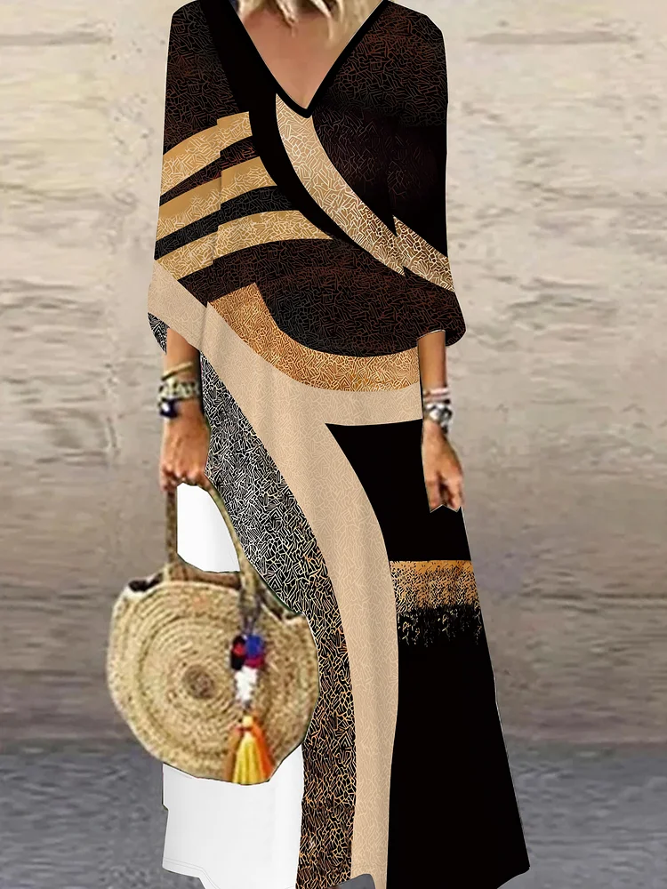 Elegant 3d Geometric Pattern Print Seven-Sleeve Long Dress - Women's Fashion