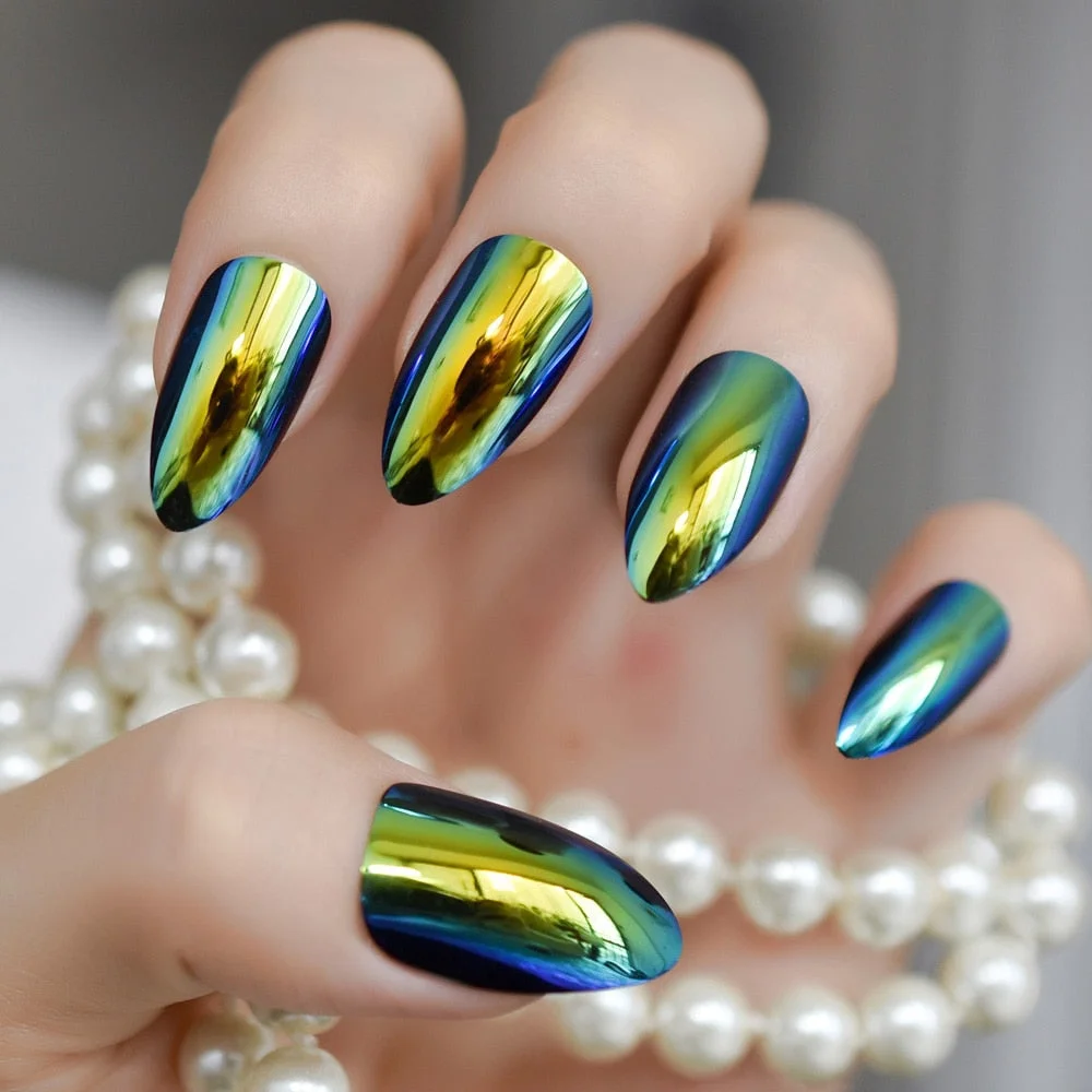 Quality Unicorn Chrome Fake Nails Gorgeous Yellow Blue Mirror Stiletto Full Cover Nail False with Adhesive Glue Sticker 24 Ct-Nail Inspo