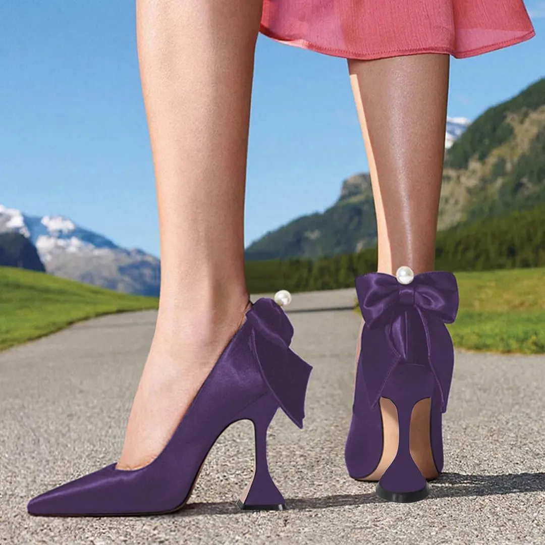 Satin Pointed Toe Pearl Decor Bow Flared Heel Pumps Shoes in Purple