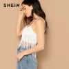 SHEIN Sexy White Fringe Detail Crop Cami Spaghetti Strap Plain Stretchy Top Women 2019 Summer Party Highstreet 2019 Vests
