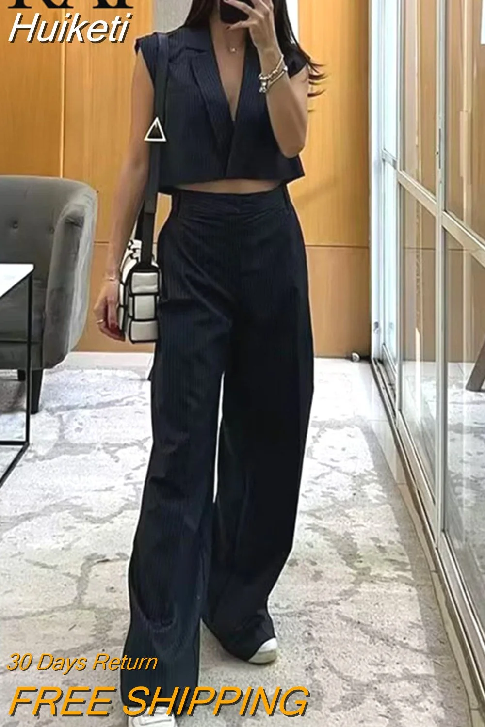 Huiketi Black Pinstripe Suit Women Vest Short Style Sleeveless Top + Zipper High Waist Package Elegant Striped Loose Trousers