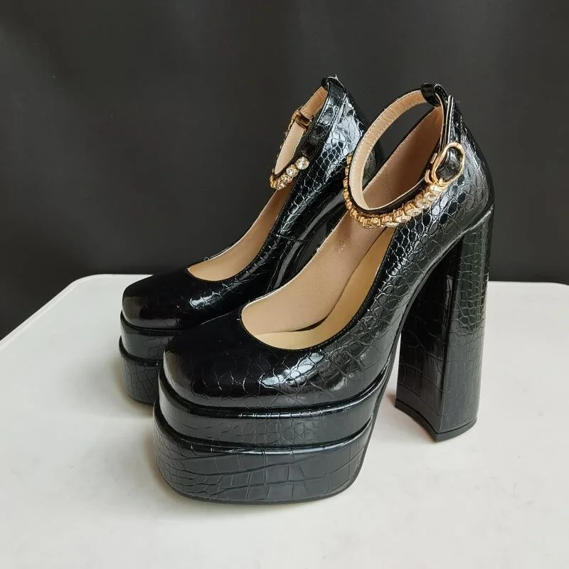 Canrulo New Sexy Crocodile Pattern Pumps Platform Thick High Heel Rhinestone Party Women's Shoes Black Green Spring Summer Big Size