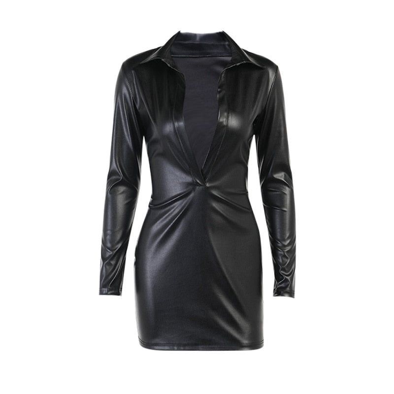 Hawthaw Women Autumn Long Sleeve Sexy V Neck Pu Leather Bodycon Party Club Black Mini Dress 2021 Fall Clothes Wholesale Items