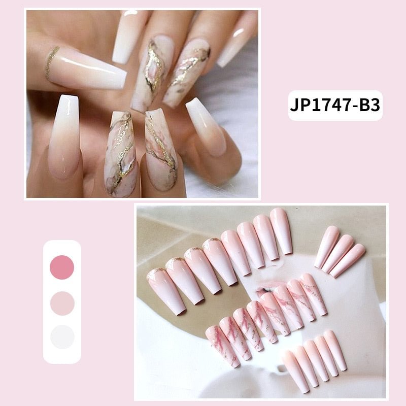24pcs Nude Gradient Nail Patch Gold Foil Glue Type Removable Long Paragraph Fashion Manicure Save Time False Nail Patch