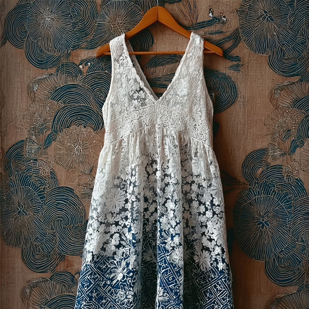 Vintage Japanese Patchwork Hollow Floral Lace Maxi Tank Dress wearshes