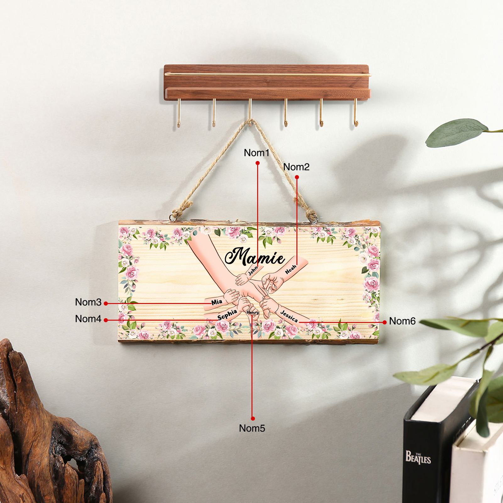 À ma Mamie - Décoration en bois la main dans la main 1-6 Prénoms Personnalisés pour Famille Peinture Décorative