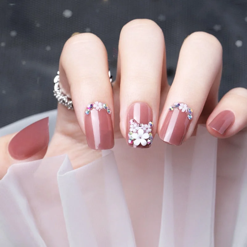 24 Pcs Nude Color nail tips Women Wearable  Fake press on Nails with Diamond Short Round Full Cover artificial nails with Glue-Nail Inspo