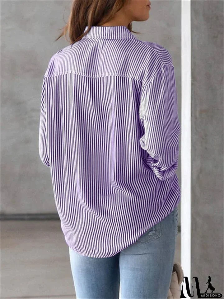 MidiSono - Autumn Leisure Stripe Lapel Long Sleeve Plus Size Women Blouses