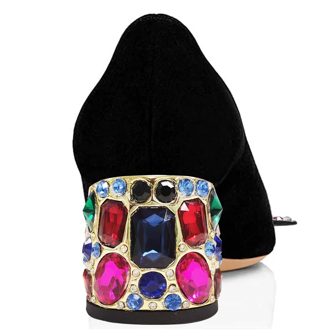 Black Faux Suede Pointed Toe Rhinestone Embellished Butterfly Pumps 