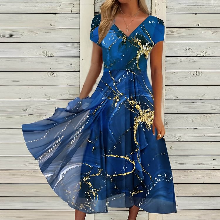 Women's Short Sleeve V Neck Blue Gradient Printed Midi Dress