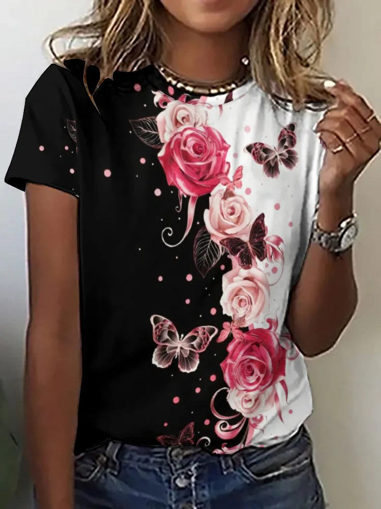 Printed Short Sleeve Casual T-shirt for  Women and Men Unisex Pattern Butterfly, Red, Black, Floral