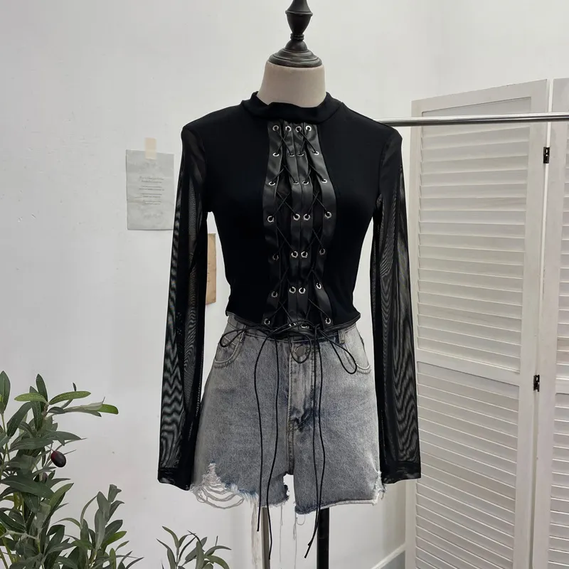 Churchf Real Shoot Spice Girls Strap Spliced Pu Skin Repair Slim Semi-High Collar Long Sleeve Top Short T-Shirt 8886