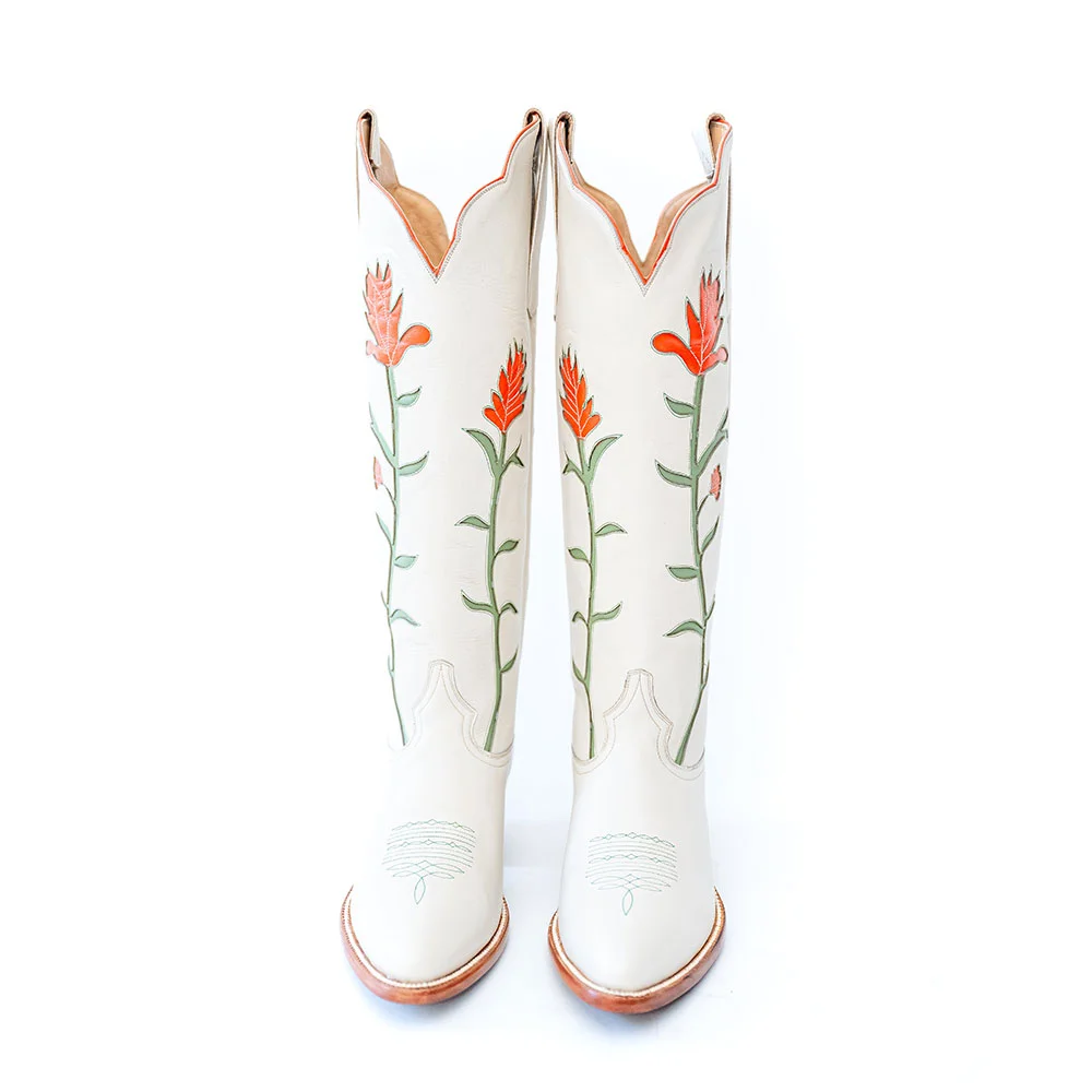 YDN Women's White Chunky Heel Knee High Flower Cowboy Boots