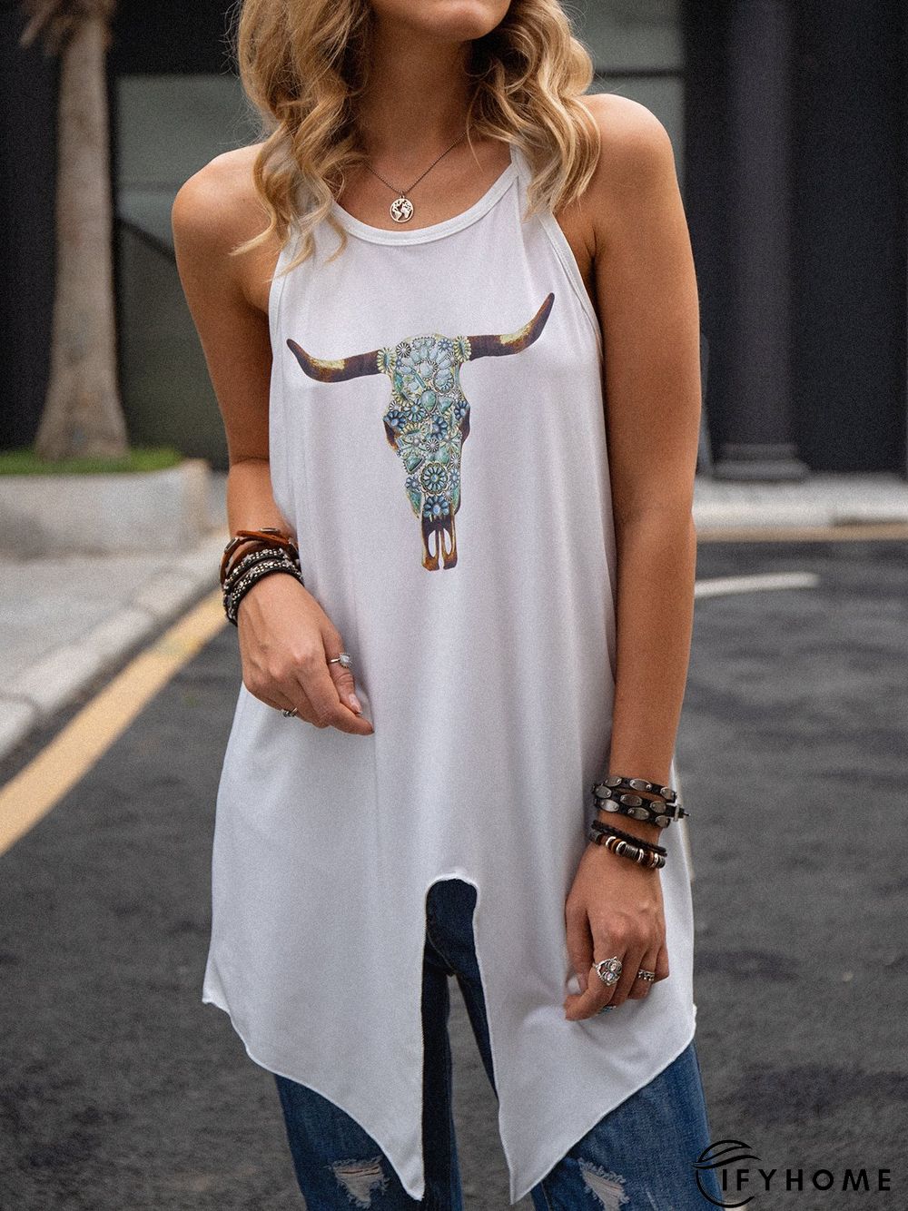 Printed Crew Neck Sleeveless T-shirt | IFYHOME