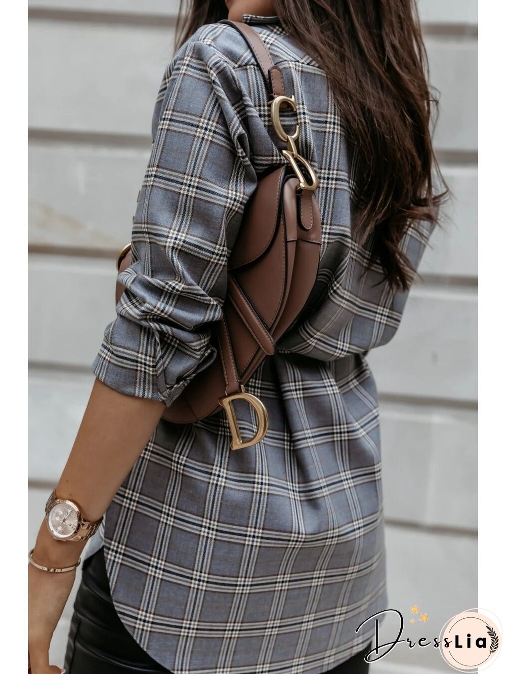 Checked Loose Long Sleeve Belted Shirt