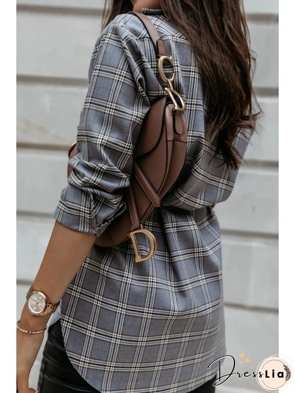 Checked Loose Long Sleeve Belted Shirt