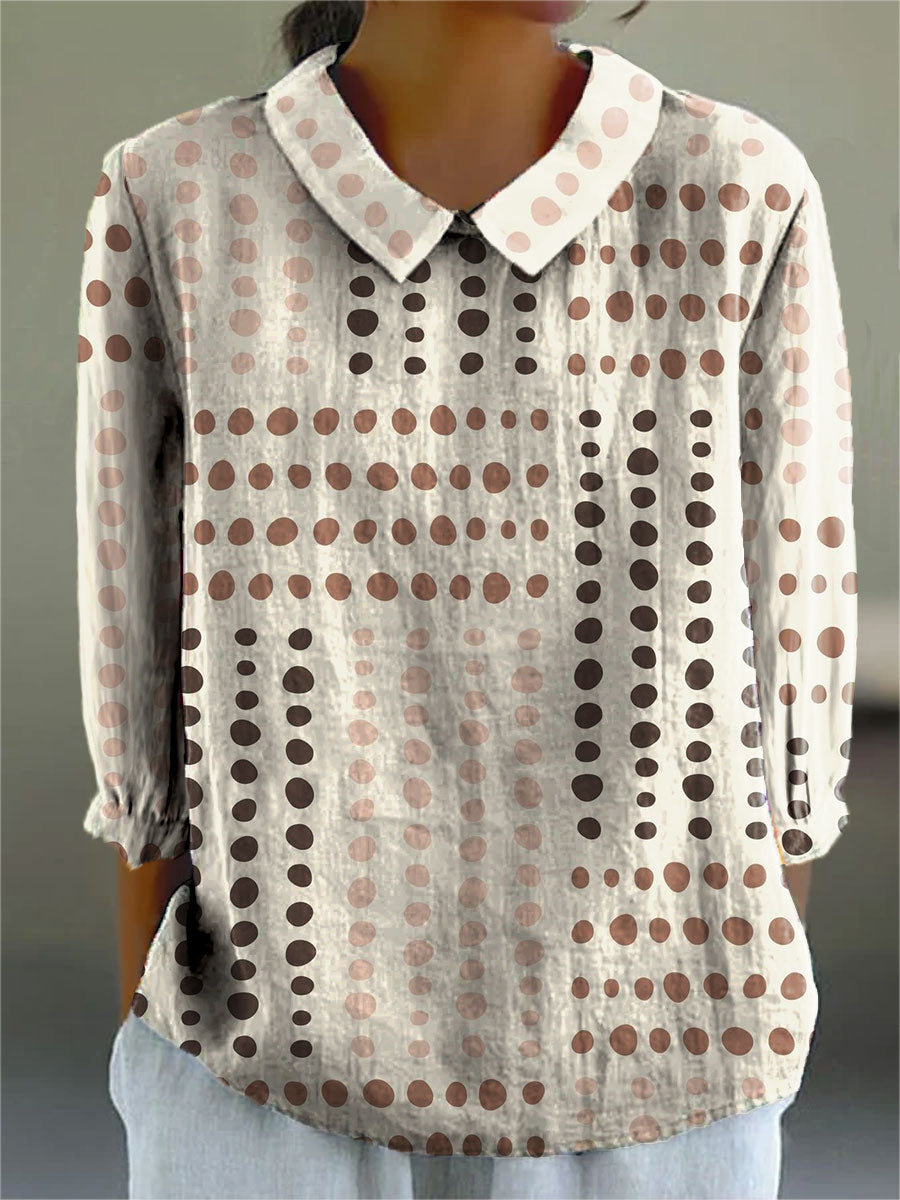 Women's Color Block Dot Art Print Casual Cotton And Linen 3/4 Sleeve Shirt