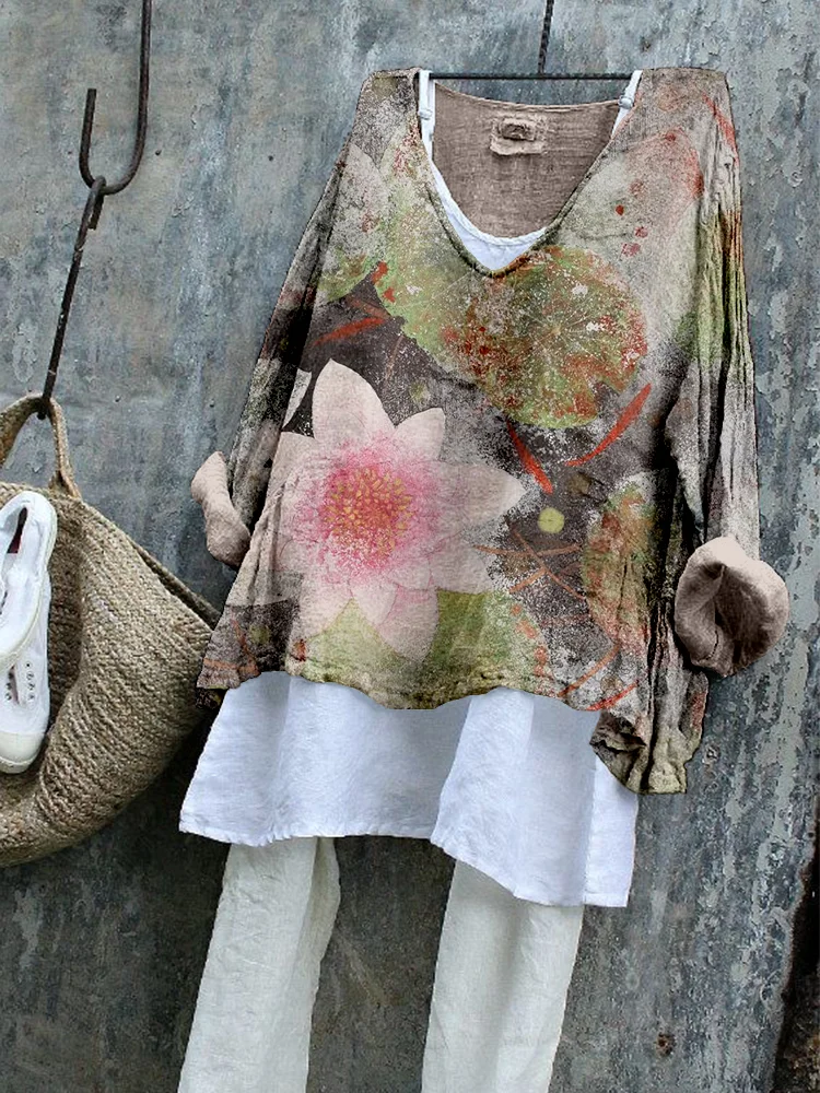 Vintage Lotus Flower Art Linen Blend Flowy Tunic