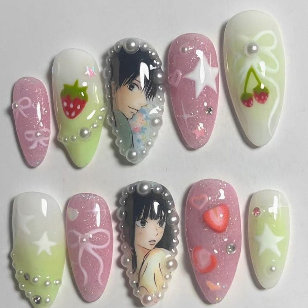 Xinkeke French Handmade Manicure Medium Almond Fake Nails Elegant Painting 3D Nails Press On Nails Design with Adhesive Nail File Set