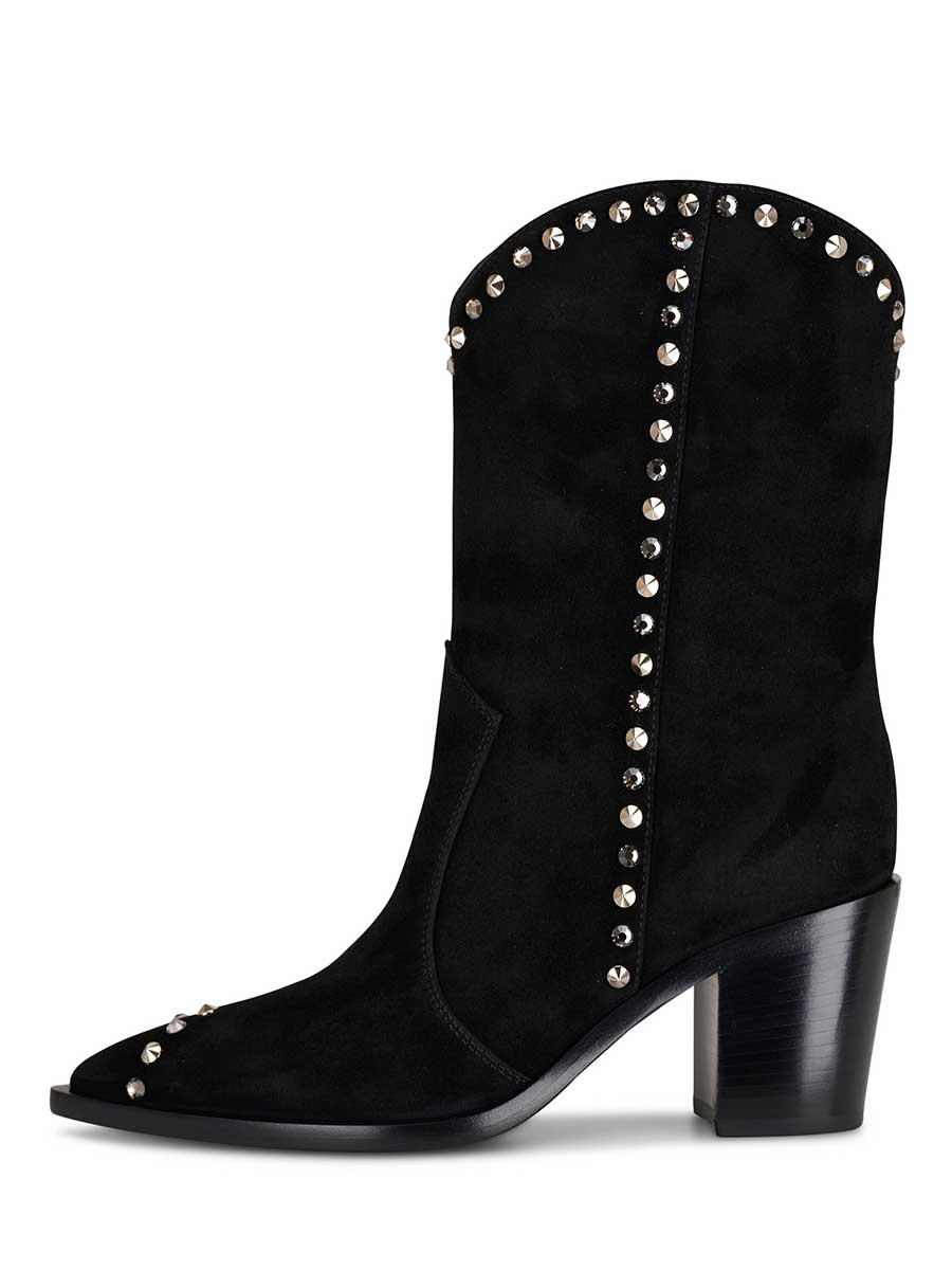 Black Faux Suede Silver Studded Mid-Calf Block Heeled Cowboy Boots