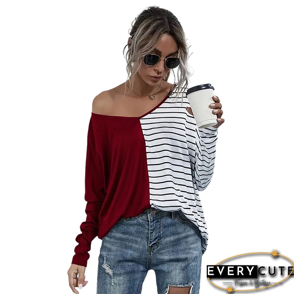 Red Stripe Contrast Long Sleeve Tops