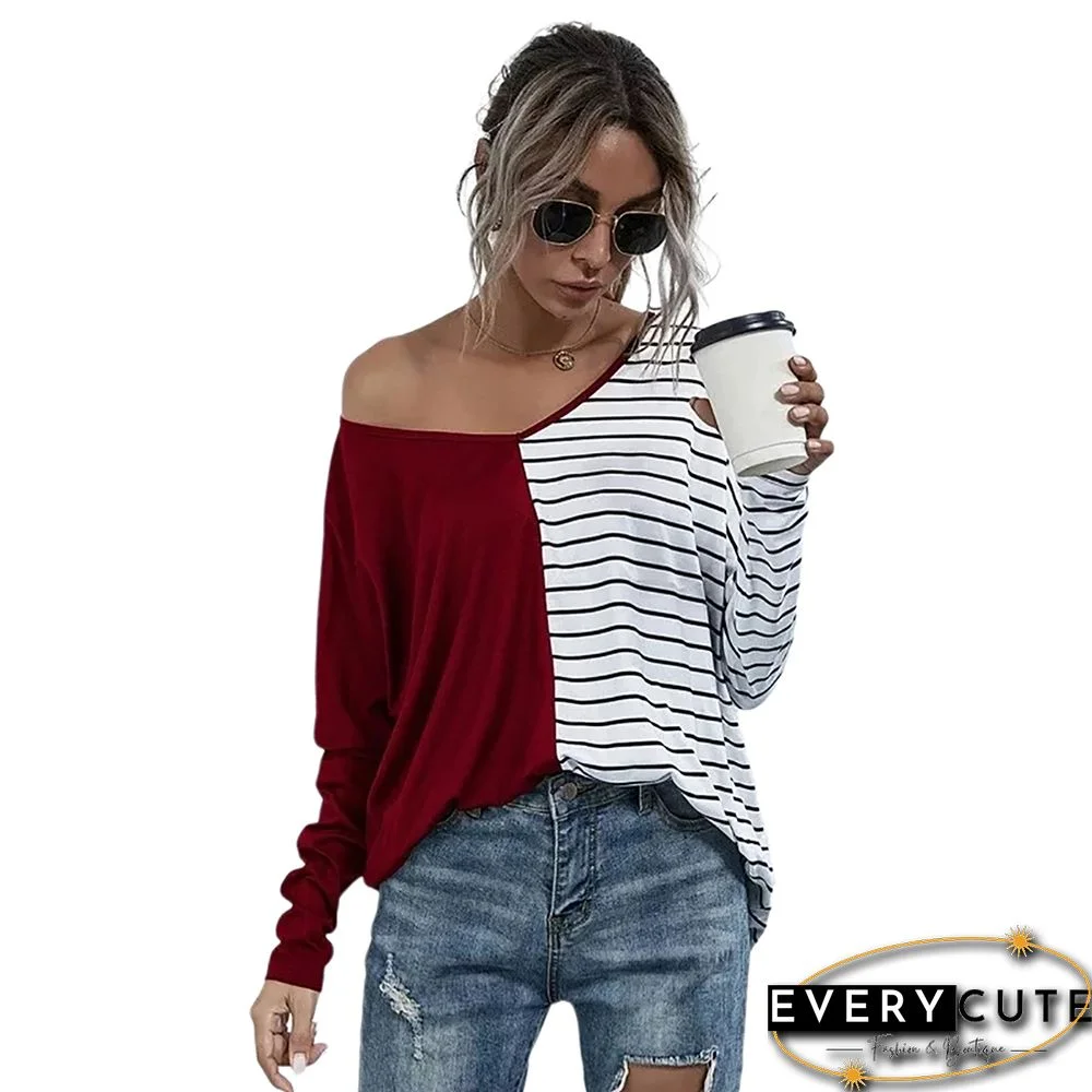 Red Stripe Contrast Long Sleeve Tops