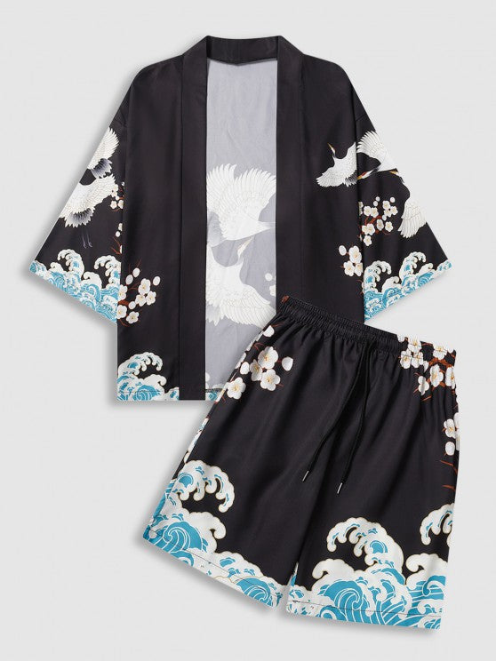 Sea Waves And Flower Print Kimono Shorts Set