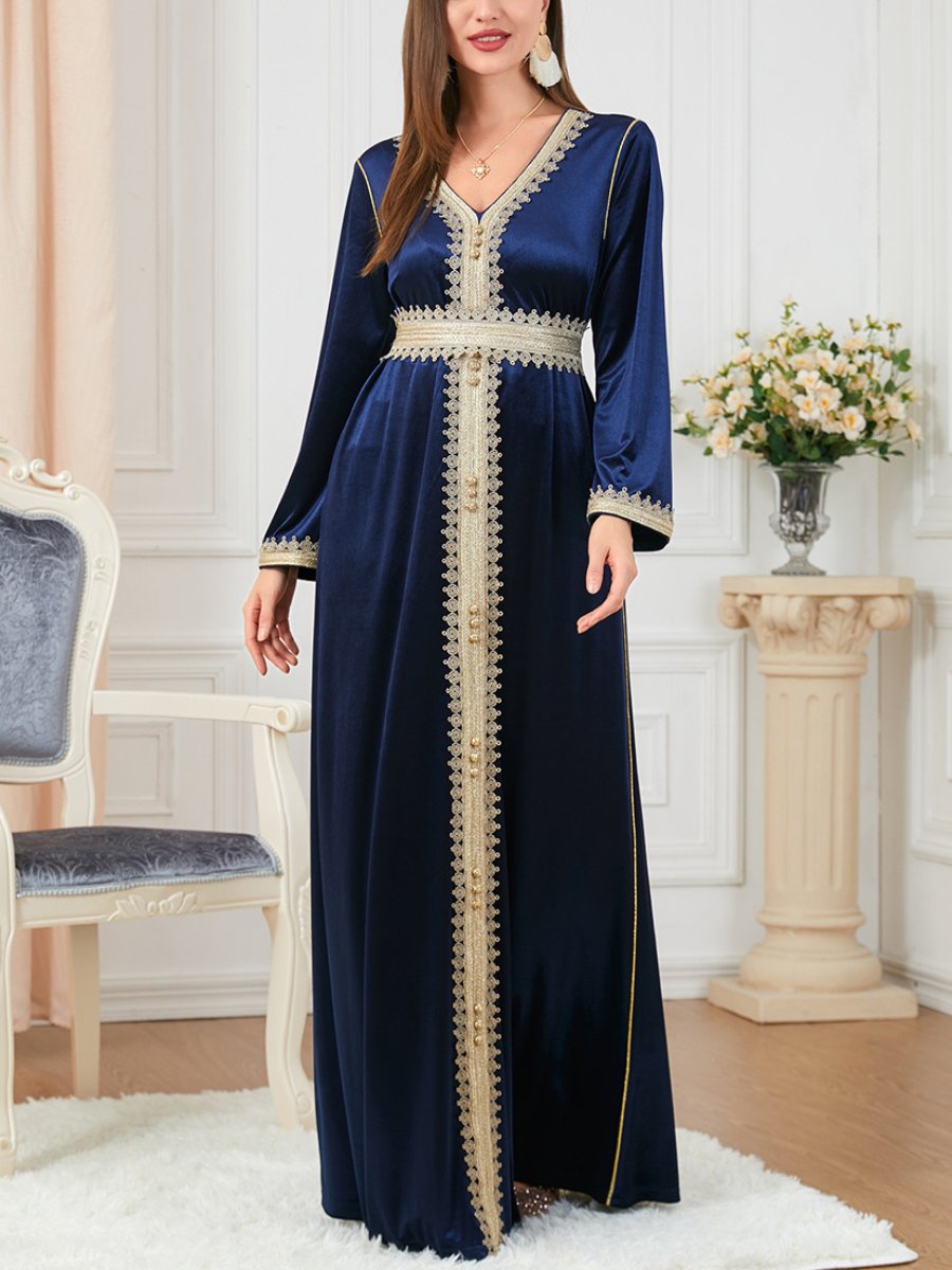 Solid Color Binded Design V Neck Long Sleeve Velvet Blue Dress | Oxredo Shop Ramadan Sale