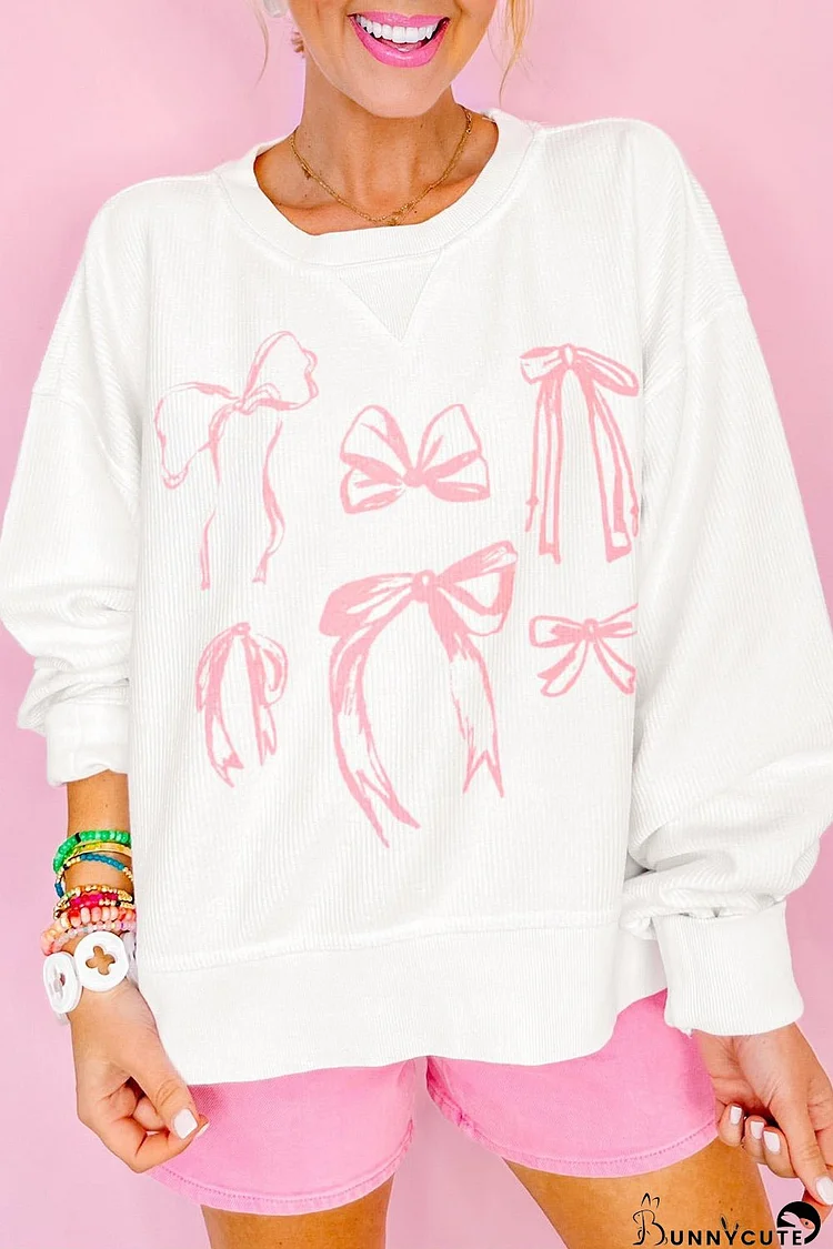 White Bowknot Pattern Corded Long Sleeve Drop Shoulder Top