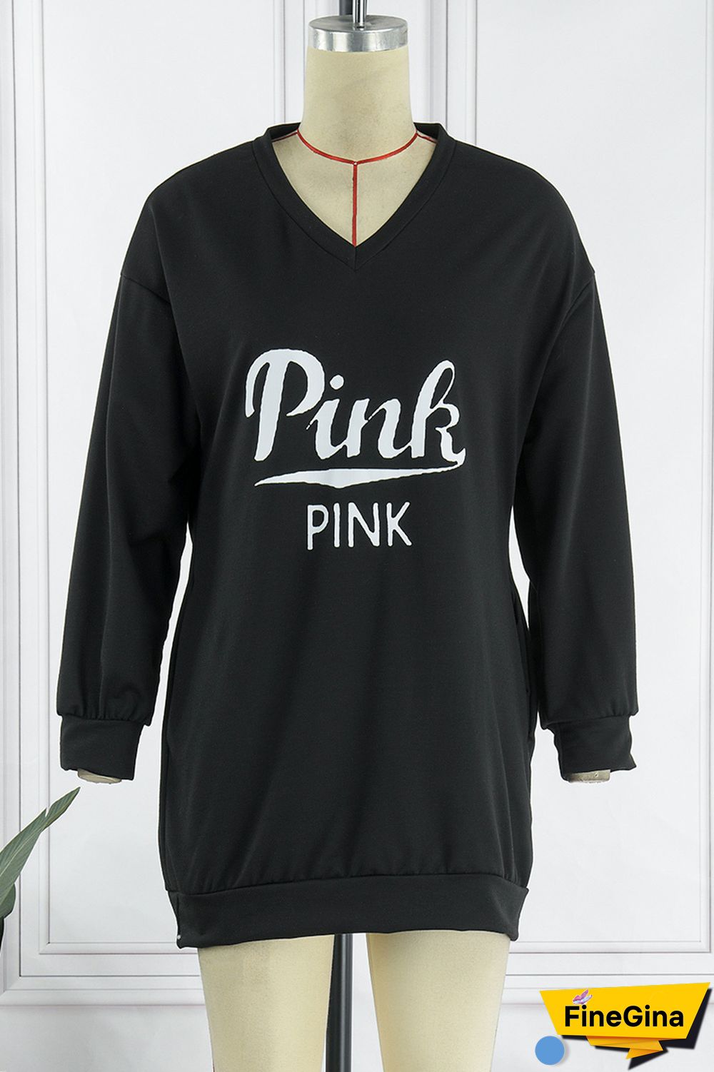 Blue Casual Letter Print Patchwork V Neck Long Sleeve Dresses