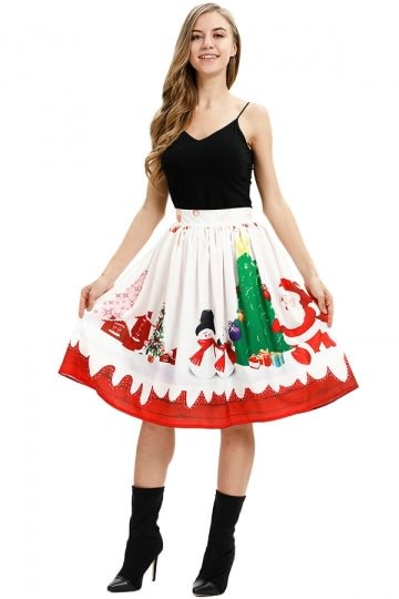 High Waisted Santa&Snowman Print Midi Christmas Pleated Skirt White-elleschic