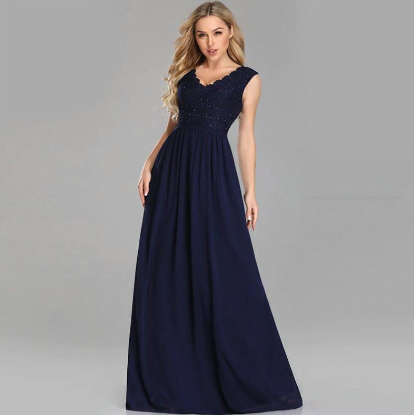 Gorgeous Navy Blue Lace Prom Dress Long V-Neck Beadings Evening Gowns